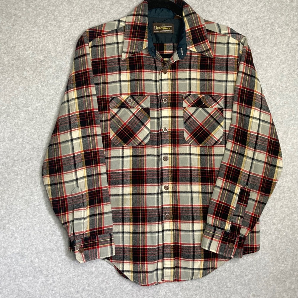 Vintage‎ Sears SportsWear Mens Plaid Flannel Shirt Button Up Acrylic